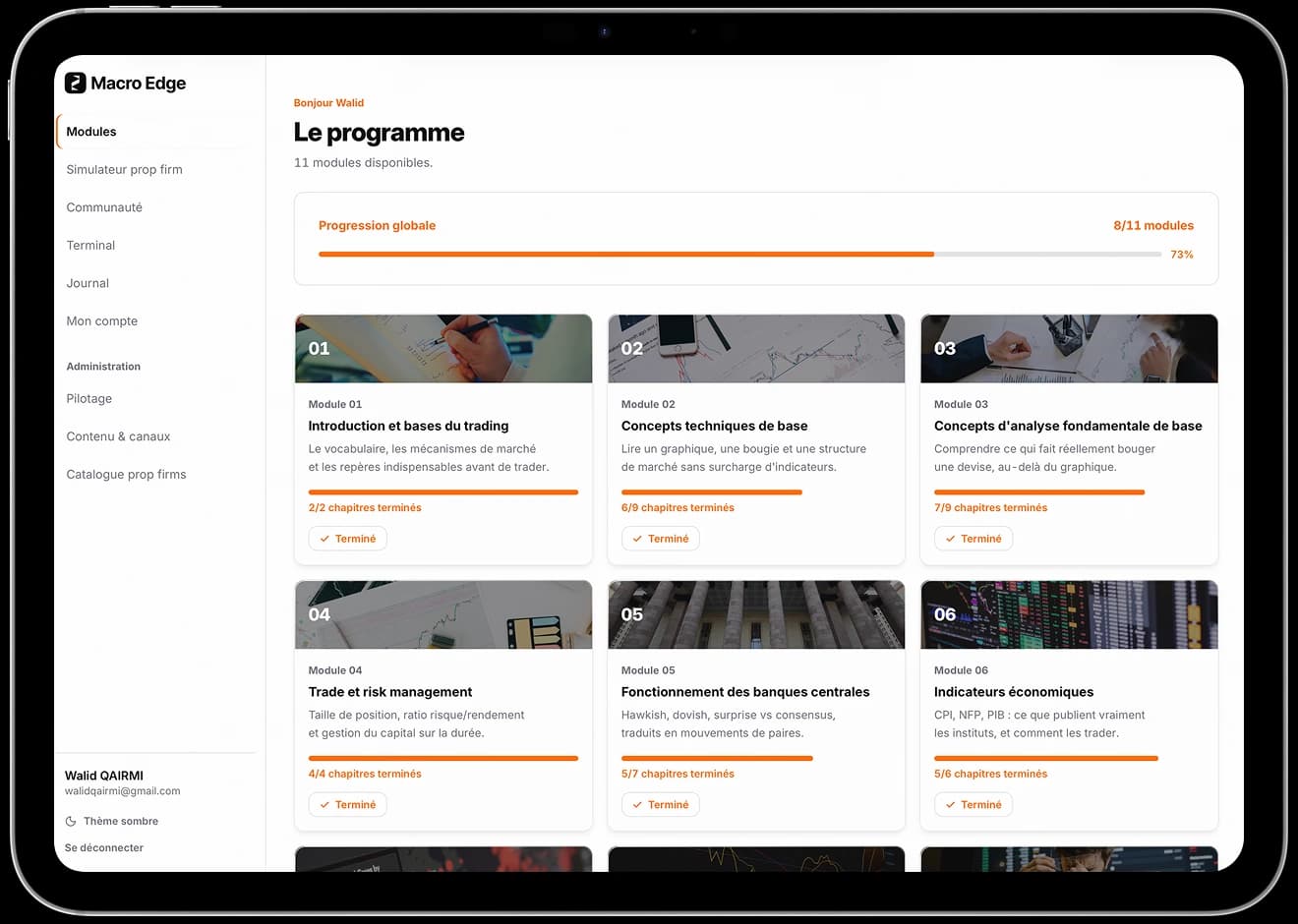 L'espace membre : modules du programme et progression globale
