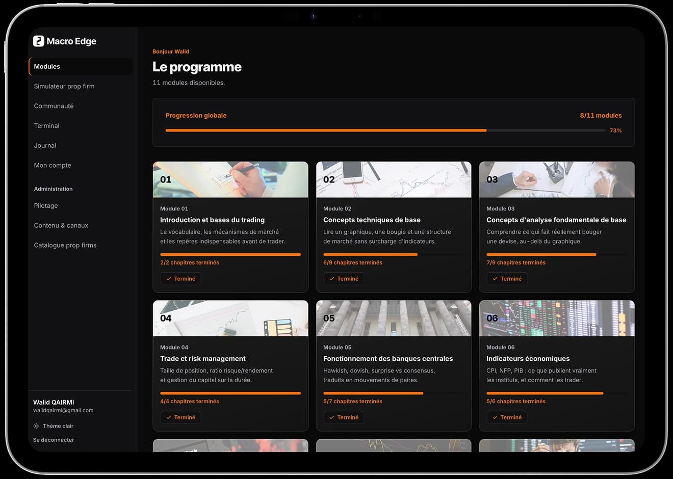 L'espace membre : modules du programme et progression globale